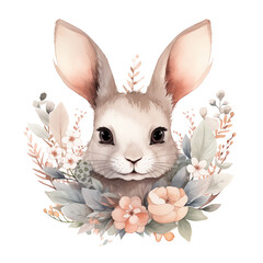 Cute Watercolor Rabbit Illustration: Adorable Bunny with Floral Accents