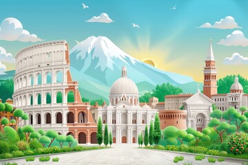Whimsical vector of the Colosseum at sunrise with an ethereal mountain backdrop, blending reality and fantasy, AI Generated.