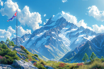 The New Zealand flag flutters over a breathtaking vector landscape of snowy mountain peaks. AI Generated