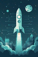 Vector art showing a rocket liftoff from an urban landscape, metaphor for a startup's rise, AI Generated