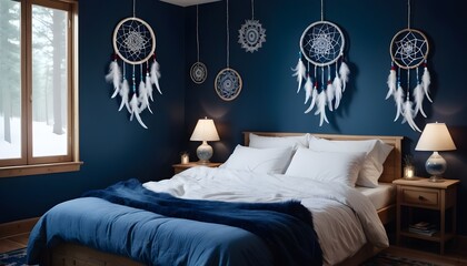 Cozy bedroom with dreamcatchers hanging on the bedheads