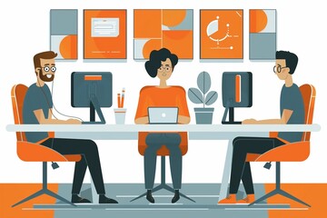 An illustration showcasing a collaborative office environment where a team is actively engaged in discussion and planning, surrounded by office elements. AI Generated