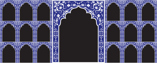 Set of windows Beautiful Arch small and Big Design with Indian Rajasthani fort and Culture. Wedding Backdrop and other uses. Abstract Indian floral rug design, Persian carpet, tribal texture, Vector.