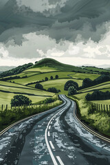 AI Generated depiction of a serene drive through emerald hills, the road a ribbon of promise under a dynamic sky