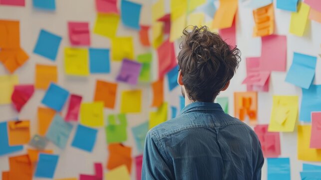 entrepreneurs vibrant brainstorming session colorful sticky notes on white wall digital painting