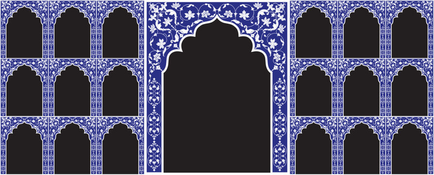 Set of windows Beautiful Arch small and Big Design with Indian Rajasthani fort and Culture. Wedding Backdrop and other uses. Abstract Indian floral rug design, Persian carpet, tribal texture, Vector.