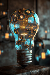 This 3D artwork represents an innovative spirit with a glowing lightbulb and internal gears. AI Generated