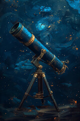 An enchanting blue telescope stands tall, a portal to the twinkling secrets of a gold-flecked cosmic ocean. AI Generated.