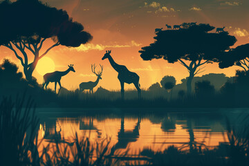 The golden sun sets on the savannah, casting reflections of wildlife on the water in this vector illustration. AI Generated