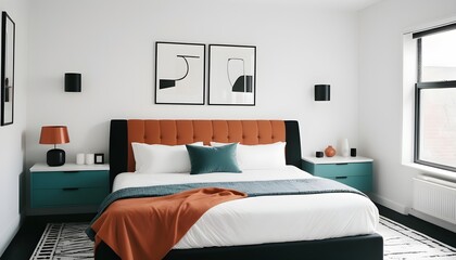 Double bed and stylish, black and white decorations in modern bedroom