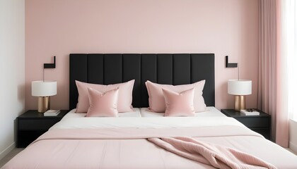 Double bed and stylish, black and white decorations in modern bedroom
