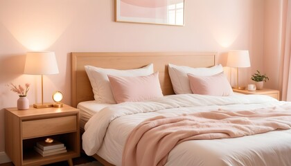 Double bed and wooden table in white and beige bedroom
