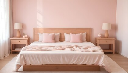 Double bed and wooden table in white and beige bedroom