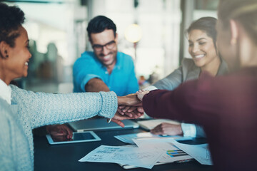 Company, hand huddle or meeting for deal, crm discussion and business with paperwork and thank you. Office, workers or employees with teamwork or collaboration in workplace for partnership or startup