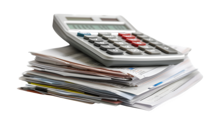 Calculator with Financial Documents for Accounting and Finance, Isolated on White, Transparent Background, PNG File, Hand Edited Generative AI