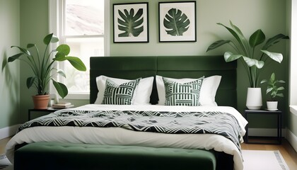 Double bed, decorative, black and white cushions, and house plants
