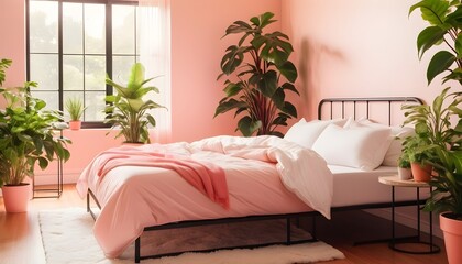 Double bed, decorative, black and white cushions, and house plants
