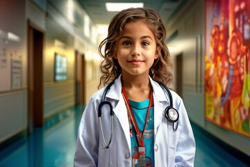 Smiling Girl Kid Medical Doctor With Stethoscope Hopeful Aspiring Future Career Job Occupation Concept Hospital Backdrop