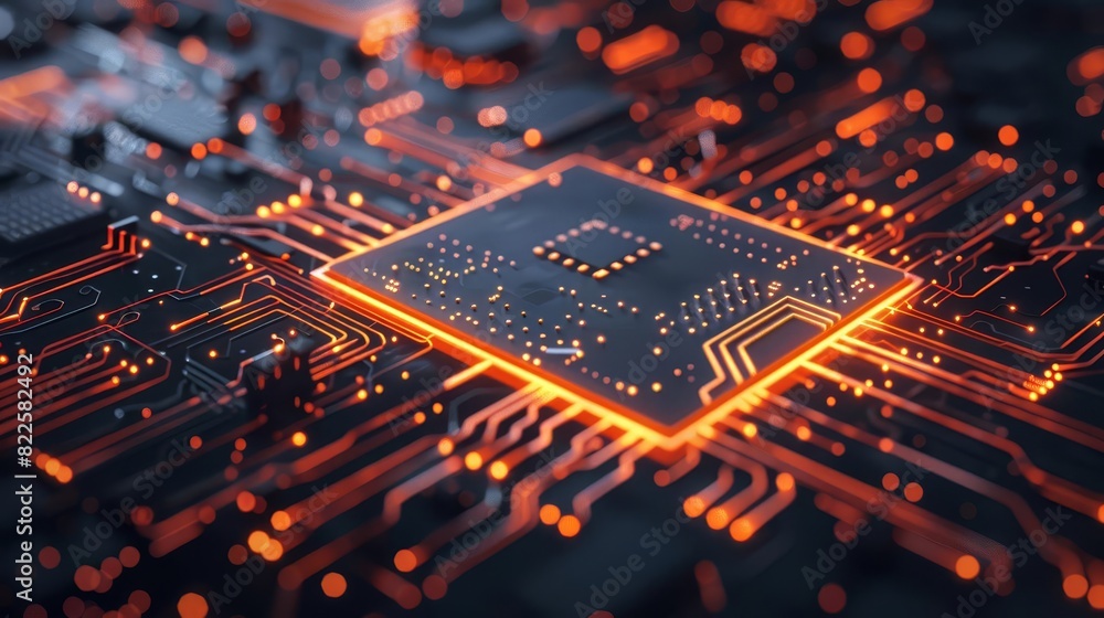Poster futuristic microchip concept with glowing circuit paths on dark background 3d illustration