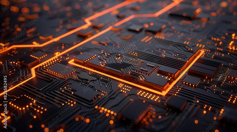 Poster futuristic microchip concept with glowing circuit paths on dark background 3d illustration
