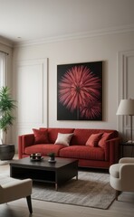 Sophisticated professional photograph of a burgundy and rose gold luxury living room interior with abstract art and indoor palm trees