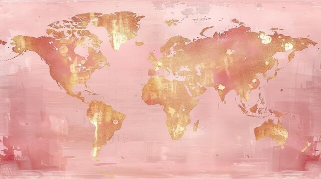 Blush pink world map with gold accents.