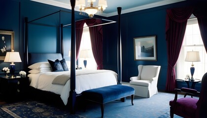 Elegant bedroom with double bed, floor lamp, and modern chair