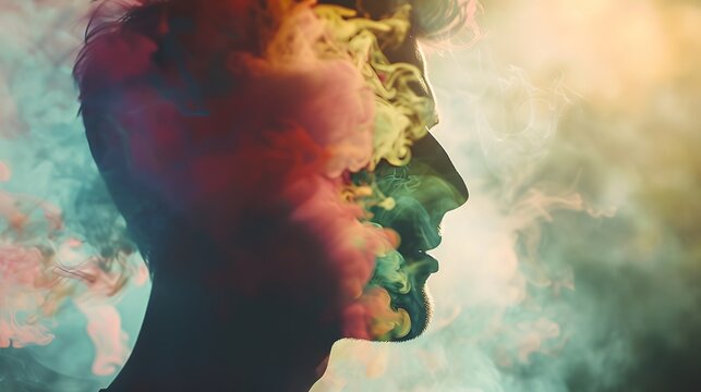 Cinematic Double Exposure of Androgynous Man with Colorful Smoke