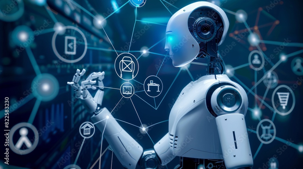 Poster depicts ai, iot, and network protection in a global business context with robotic elements.