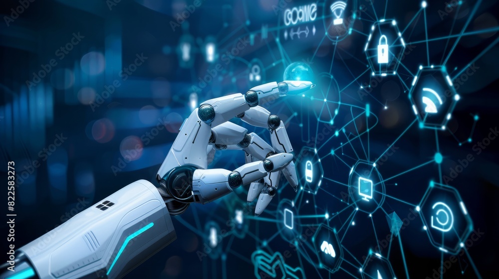 Poster depicts ai, iot, and network protection in a global business context with robotic elements.