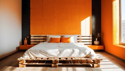 Handmade pallet bed and dotted bedroom wall