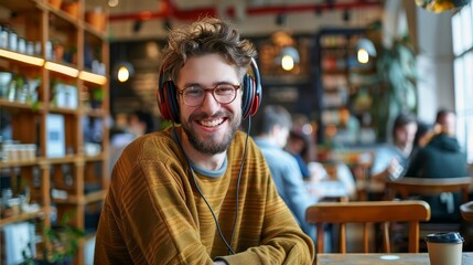happy hipster guy enjoying music with headphones in cafeteria lifestyle portrait