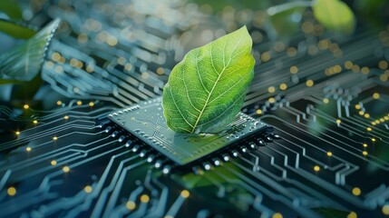A green leaf embedded in a computer circuit board, symbolizing carbon neutrality and ESG concepts.

