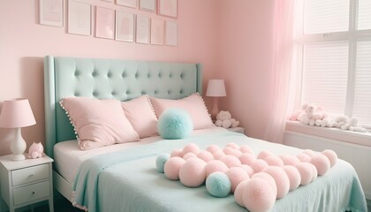Light pastel baby bedroom with fluffy soft textiles