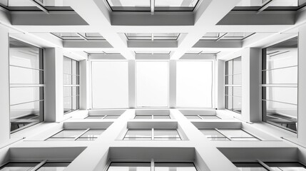 Symmetrical roof windows with a vanishing point perspective, creating a bright and geometric view.

