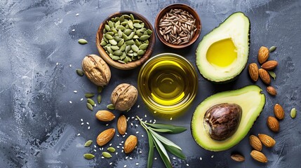 healthy fats food selection with avocado nuts seeds and olive oil flat lay