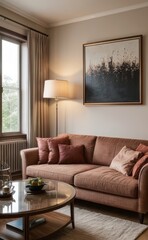 Sophisticated professional photograph of a burgundy and rose gold luxury living room interior with abstract art and indoor palm trees
