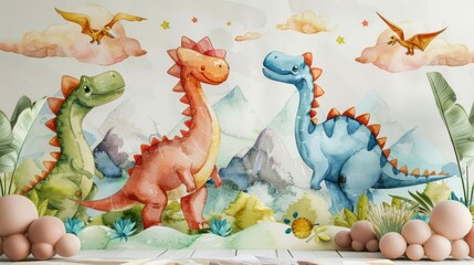 Obraz premium Cute cartoon dinosaurs in pastel colors. Suitable for children's room.