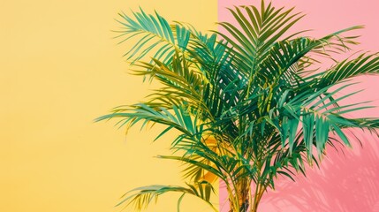  A palm tree casts a shadow in front of a pink and yellow wall Another palm tree, its reflection, stands before a yellow and pink wall, mirroring the shade (3