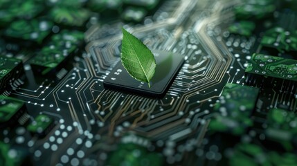 A green leaf embedded in a computer circuit board, symbolizing carbon neutrality and ESG concepts.


