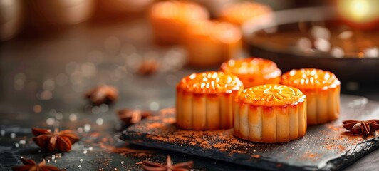 Cake Mooncake China from restaurant food photography. Cake Mooncake Images texture banner postcard horizontal.