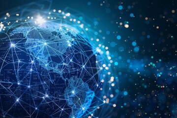 Obraz premium The background is blue with binary code patterns, symbolizing technology's role in commercial exchange between countries Generative AI