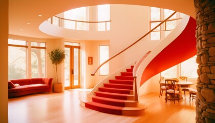 Modern and beautiful room with fireplace,staircase and white walls