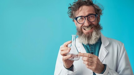 humorous portrait of quirky scientist in lab coat holding bubbling beaker science comedy concept