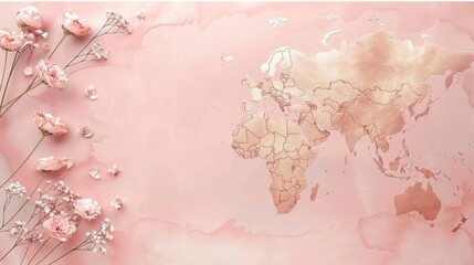 Delicate pink world map with flowers.