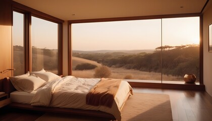 Modern and elegant bedroom in panoramic view