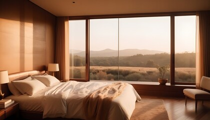 Modern and elegant bedroom in panoramic view