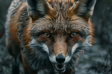 Aggressive rabid fox in the forest
