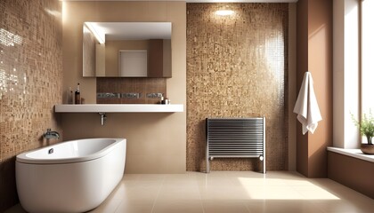 Modern bathroom with beige and brown tiles and a radiator