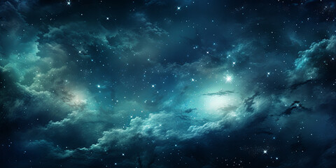 Fototapeta premium Starry sky landscape. Bright stars, nebulae on the background of night clouds
